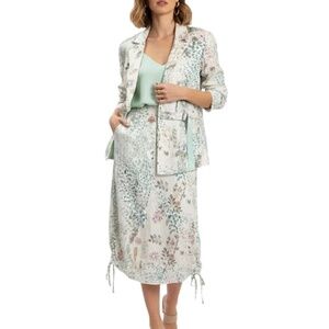 Animale pure linen ivory pink blue floral print 3 pieces jacket skirt pants S